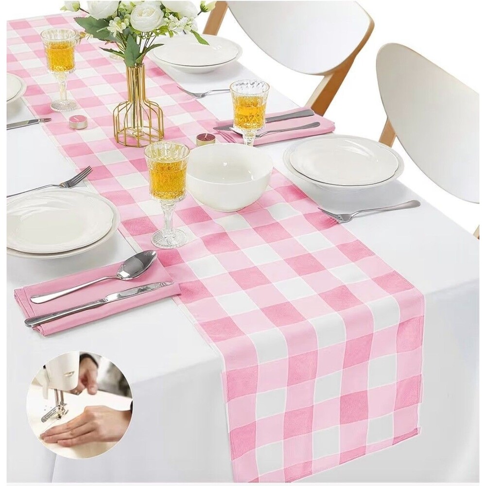 Pink and White Buffalo Checked Gingham Waterproof Table Runner 14x108 Set of 3